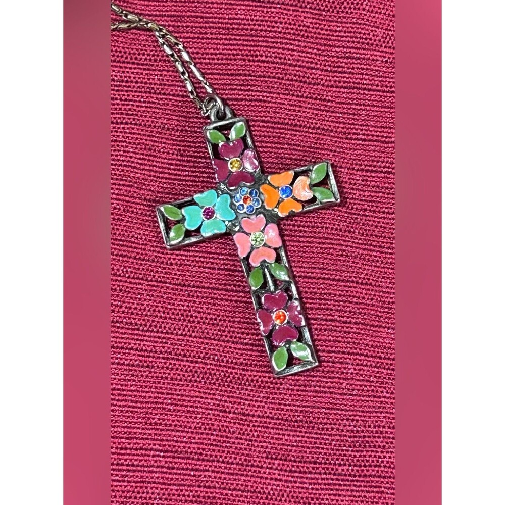 Ben-Amun Vintage Signed Floral Enamel Cross Pendant Necklace Silver Tone